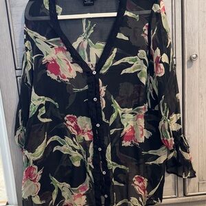 Tess Studio Vintage Black Sheer Floral Button-Up Top 100%silk